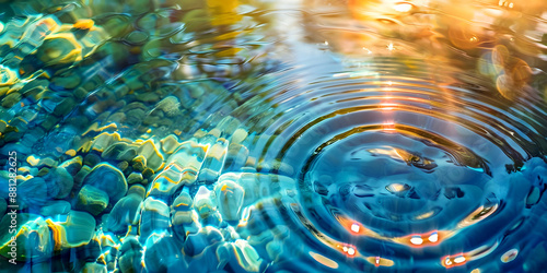 Glistening golden yellow and turquoise water pebbles ripple background - large ripple circle of water shimmering with blue green and orange  ideal for a spiritual nature theme background
