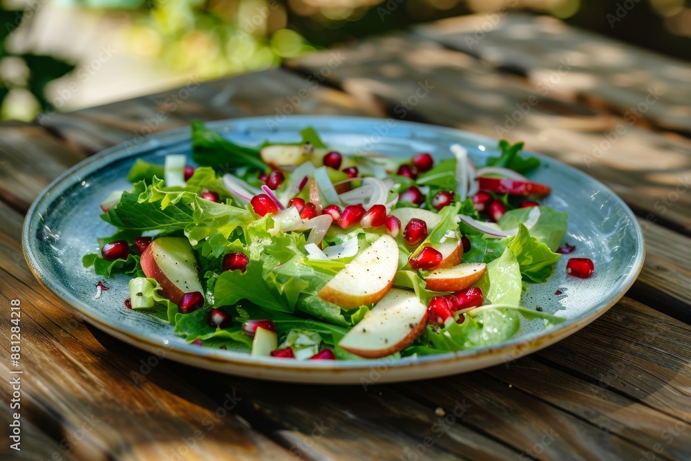 Fresh garden salad with apple slices, pomegranate, and green salad leaves on wooden table outdoors Fresh garden salad with apple slices, pomegranate, and green salad leaves on wooden table outdoors
