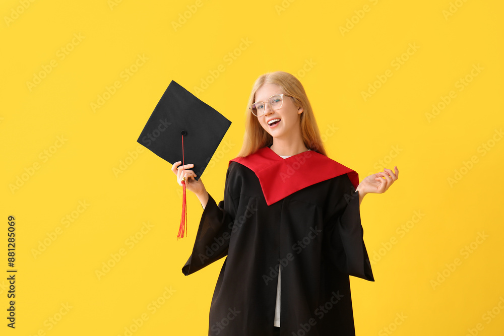 Female graduating student with mortar board on yellow background Female graduating student with mortar board on yellow background