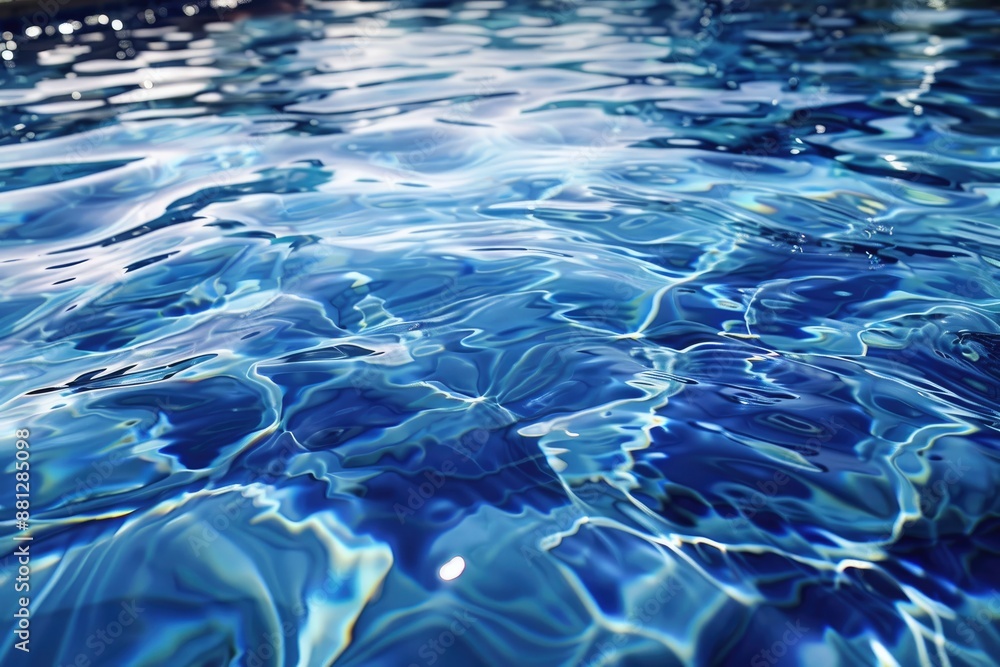 The water is calm and blue, with ripples and waves. The image is of a pool or a body of water, and it has a serene and peaceful mood The water is calm and blue, with ripples and waves. The image is of a pool or a body of water, and it has a serene and peaceful mood