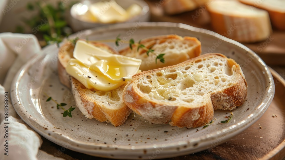 Toasted bread with butter on a porcelain plate Toasted bread with butter on a porcelain plate