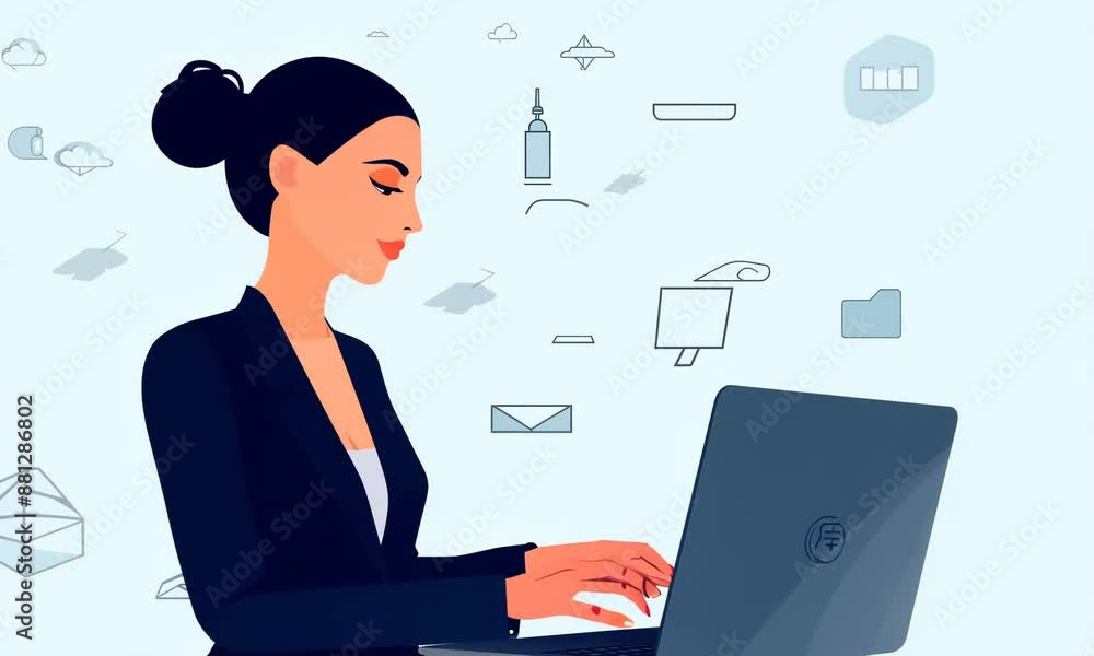 Professional woman using laptop with digital icons for modern office tasks Professional woman using laptop with digital icons for modern office tasks