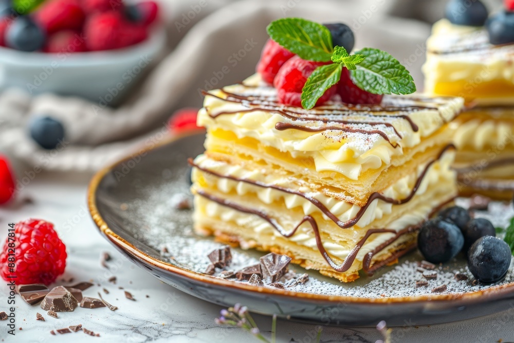 Classic French dessert Mille Feuille with layers of crispy puff pastry, velvety cream and berries Classic French dessert Mille Feuille with layers of crispy puff pastry, velvety cream and berries