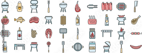Grill icons set outline vector. Round cooking. Food bbq thin line color flat on white
