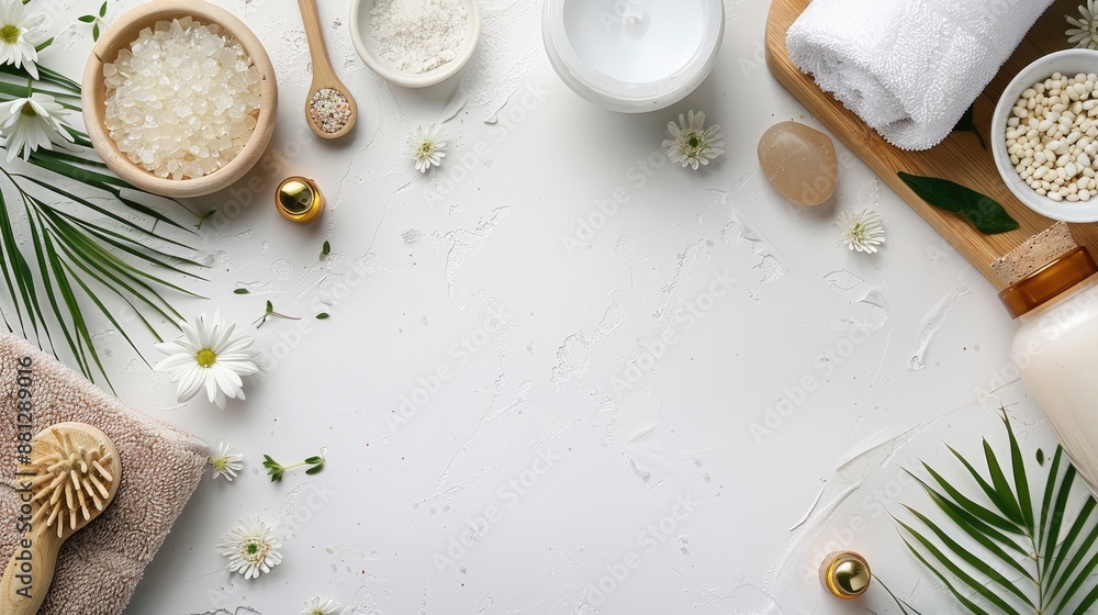 Spa items on a white backdrop promoting relaxation and wellness Spa items on a white backdrop promoting relaxation and wellness