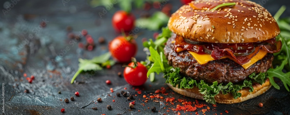 custom made wallpaper toronto digitalClose-up of a freshly cooked tasty hamburger with greens on a dark wooden background, ideal for advertising food delivery apps, recipe website or articles about the harm of fast food, copy space