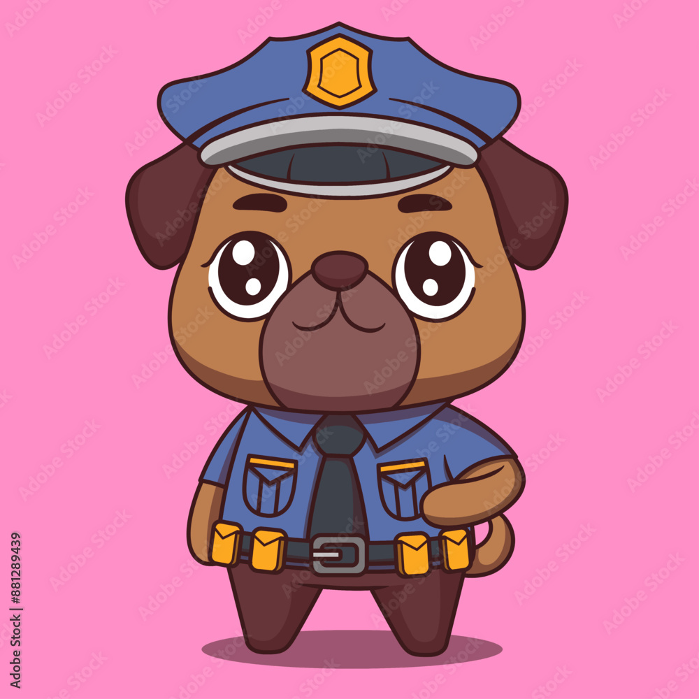illustration of a cute pug dog wearing blue police clothing illustration of a cute pug dog wearing blue police clothing