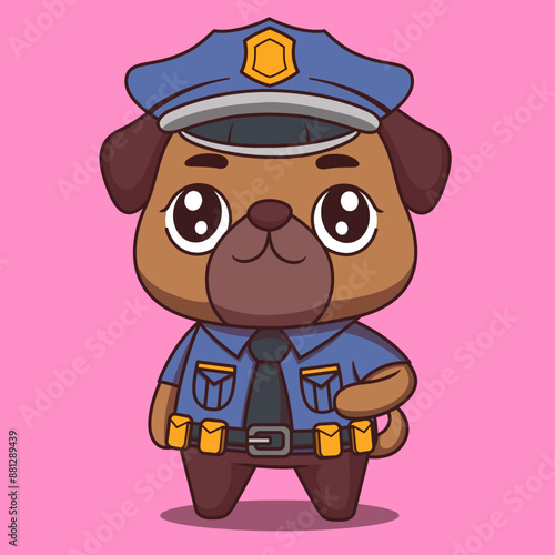 illustration of a cute pug dog wearing blue police clothing