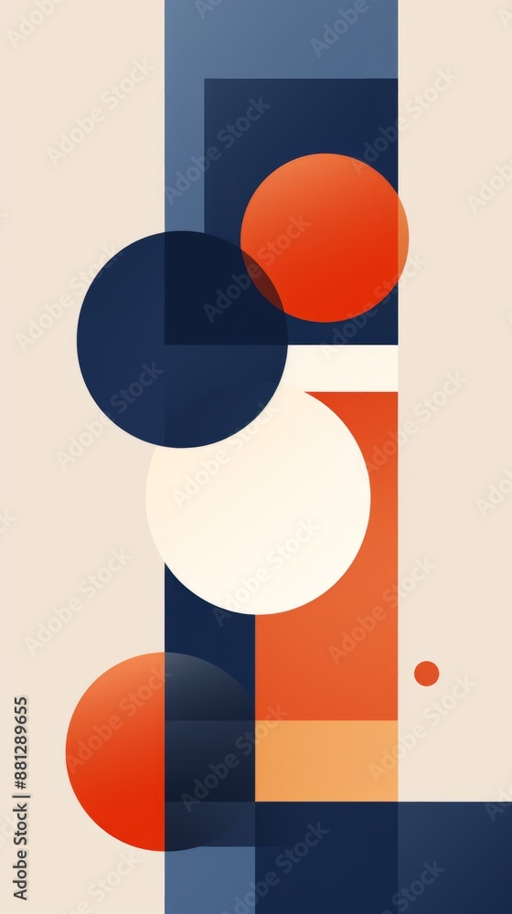 A vertical abstract design features overlapping circles in shades of red, white, and blue against a light brown background A vertical abstract design features overlapping circles in shades of red, white, and blue against a light brown background