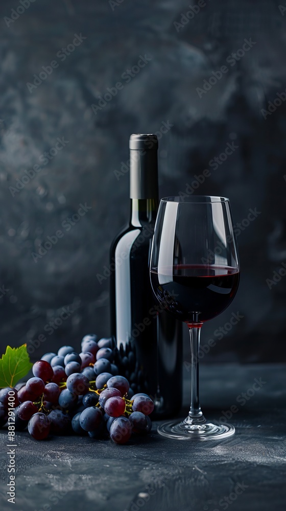 Obraz premium A bottle of red wine, a glass of red wine, and grapes on a table