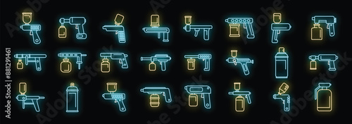 Paint sprayer icons set outline vector. Wrap coating. Spray auto neon color on black