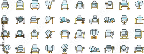 Concrete mixer icons set outline vector. Truck cement. Auto blender thin line color flat on white