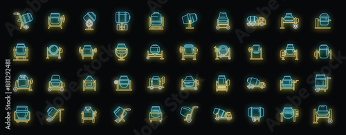 Concrete mixer icons set outline vector. Truck cement. Auto blender neon color on black