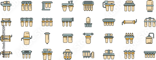 Reverse osmosis system icons set outline vector. Aqua filter. Water reverse thin line color flat on white