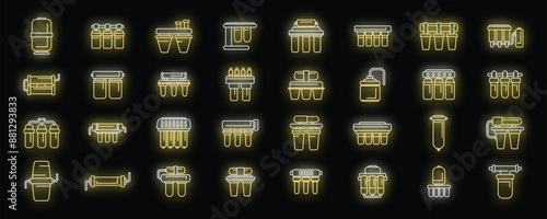 Reverse osmosis system icons set outline vector. Aqua filter. Water reverse neon color on black