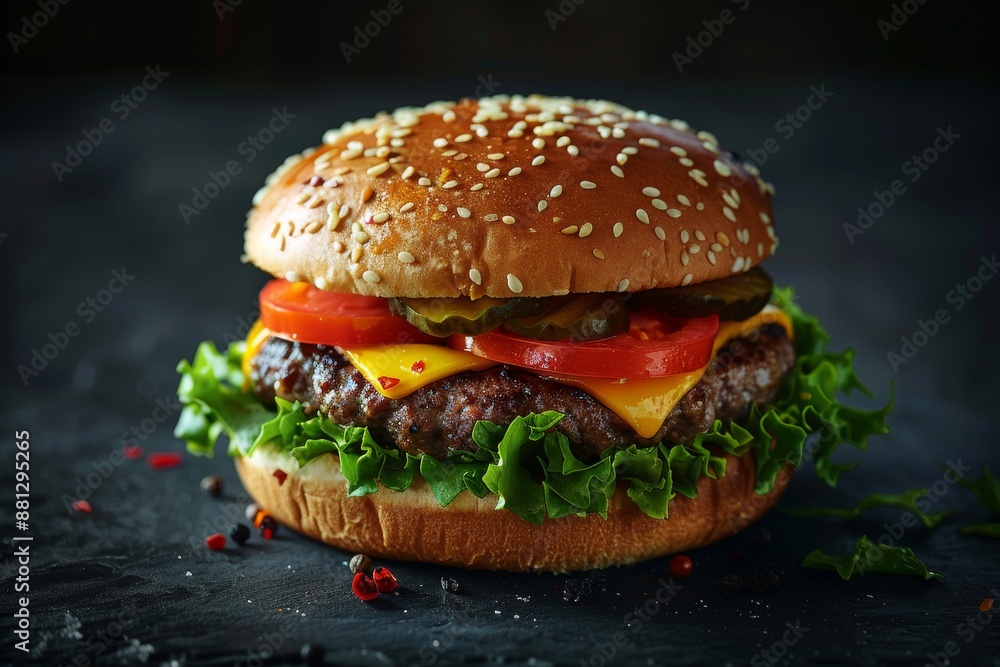 Close-up of a freshly cooked tasty hamburger with greens on a dark wooden background, ideal for advertising food delivery apps, recipe website or articles about the harm of fast food Close-up of a freshly cooked tasty hamburger with greens on a dark wooden background, ideal for advertising food delivery apps, recipe website or articles about the harm of fast food