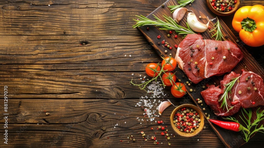 Fresh raw meat with seasoning and vegetables on wooden board with copy space Fresh raw meat with seasoning and vegetables on wooden board with copy space