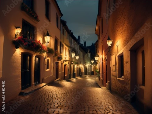 A cozy village street of old Europe, amber-hued lanterns lighting the way at night