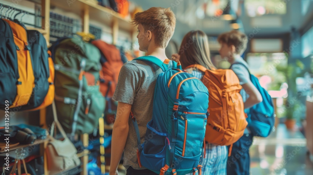 A man and woman with backpacks and hats stand in a brightly lit store, looking at a wide selection of luggage and travel bags displayed on shelves. A man and woman with backpacks and hats stand in a brightly lit store, looking at a wide selection of luggage and travel bags displayed on shelves.
