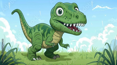 Illustration of a happy green dinosaur with large eyes standing on green grass against a blue sky background with clouds, showcasing a playful atmosphere.