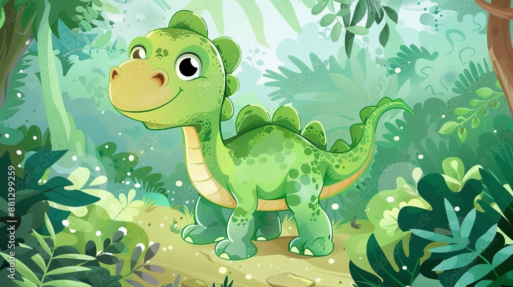 Fototapeta premium Cheerful and friendly dinosaur grinning in a colorful jungle setting, an engaging digital art piece radiating joy and the beauty of nature, ideal for children.