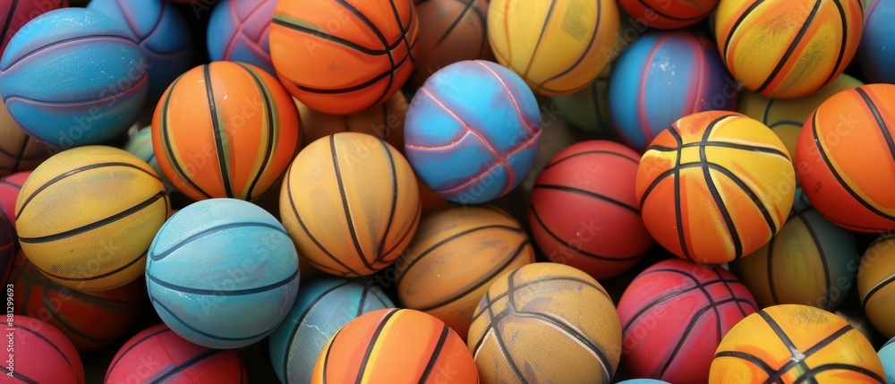 Colorful Basketball Pile In A Basket At An Outdoor Event Colorful Basketball Pile In A Basket At An Outdoor Event