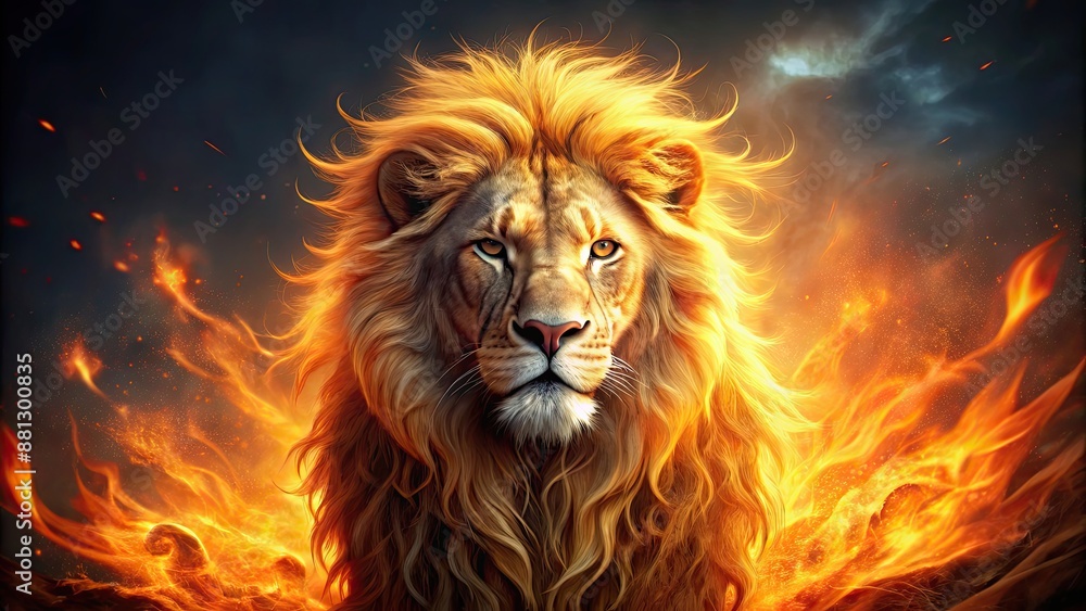 Majestic and fierce flaming lion with a glowing mane , lion, fire, flames, wild, animal, nature, powerful, majestic, roaring, mane Majestic and fierce flaming lion with a glowing mane , lion, fire, flames, wild, animal, nature, powerful, majestic, roaring, mane