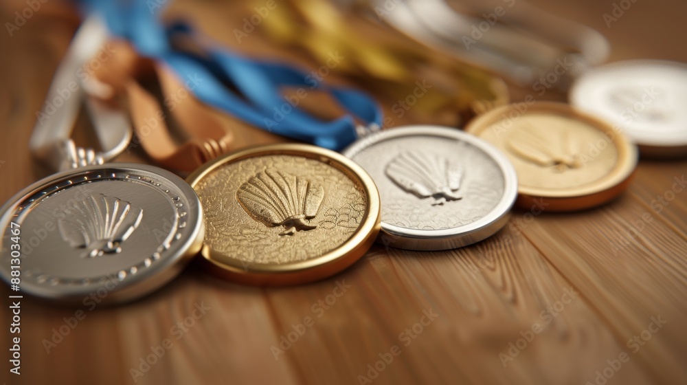 A row of medals with a blue ribbon and a gold star A row of medals with a blue ribbon and a gold star