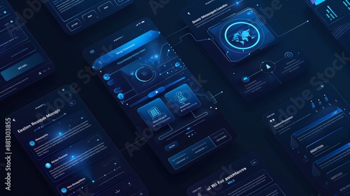 This image displays multiple futuristic app interfaces with cohesive blue themes, emphasizing advanced technology, user-friendly design, and modern digital aesthetics. photo