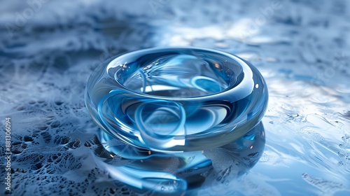 An intricate abstract blue glass ring with swirling patterns, set against an icy, frosted background, representing fluidity and fragility in art.