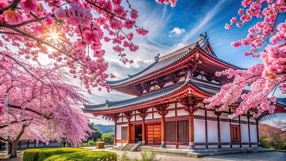 Japanese temple surrounded by vibrant pink cherry blossoms in full bloom, Japan, temple, spring, cherry blossoms Japanese temple surrounded by vibrant pink cherry blossoms in full bloom, Japan, temple, spring, cherry blossoms