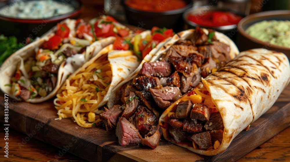 Variety of tasty grilled meat with zesty veggie wrap Variety of tasty grilled meat with zesty veggie wrap