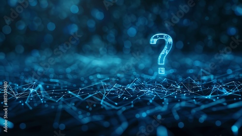 The image portrays a glowing question mark set within a digital network of lines and nodes with a blue and futuristic ambiance, hinting at inquiries and tech exploration.