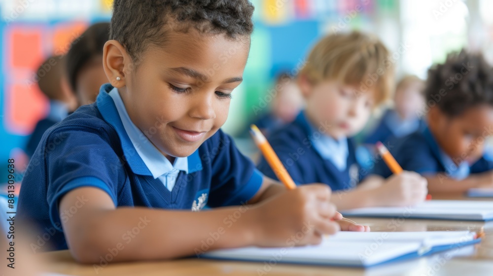 A boy is writing in a notebook with a pencil A boy is writing in a notebook with a pencil