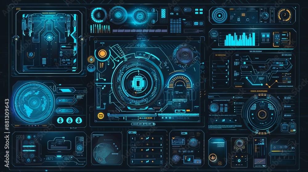 Fototapeta premium Blue-toned futuristic digital dashboard featuring diverse interface elements, control panels, and technological indicators, representing advanced technology and innovation.
