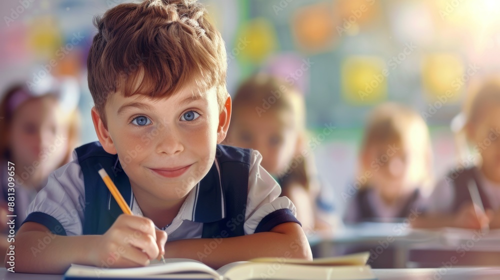 A boy is sitting at a desk with a pencil and writing A boy is sitting at a desk with a pencil and writing