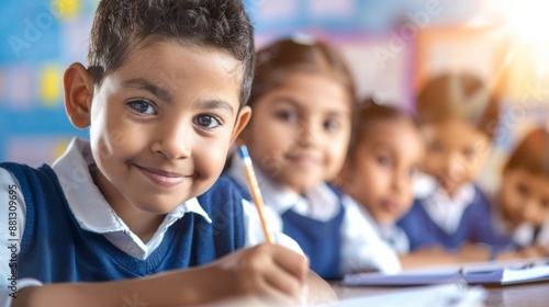 A group of children are sitting at a table with pencils and writing materials