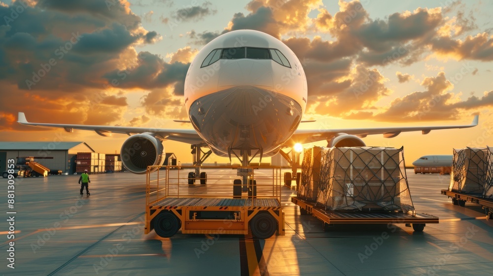 Loading cargo plane outside air freight logistic. Airmail shipping packages. Shipping boxes ready to be delivered. Loading cargo plane outside air freight logistic. Airmail shipping packages. Shipping boxes ready to be delivered.