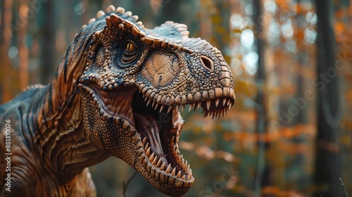 Fototapeta Naklejka Na Ścianę i Meble -  A detailed close-up of a roaring dinosaur showcasing its fierce expression with the background adorned by beautiful autumn foliage, blending nature with prehistoric ferocity.