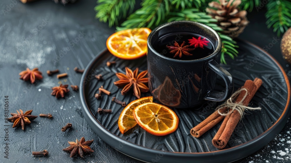 Mulled wine with cinnamon and orange on black dish Mulled wine with cinnamon and orange on black dish