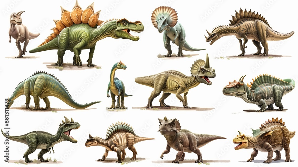 Fototapeta premium This photograph presents ten diverse dinosaur figurines in various poses and species, all placed on a neutral backdrop, making it ideal for educational and display purposes.