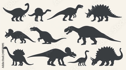 This image presents dinosaur silhouettes in various poses set on a neutral backdrop, ideal for modern educational and decorative themes, invoking a minimalist style.