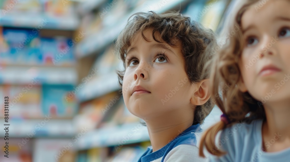 Two children are looking at something in a store Two children are looking at something in a store