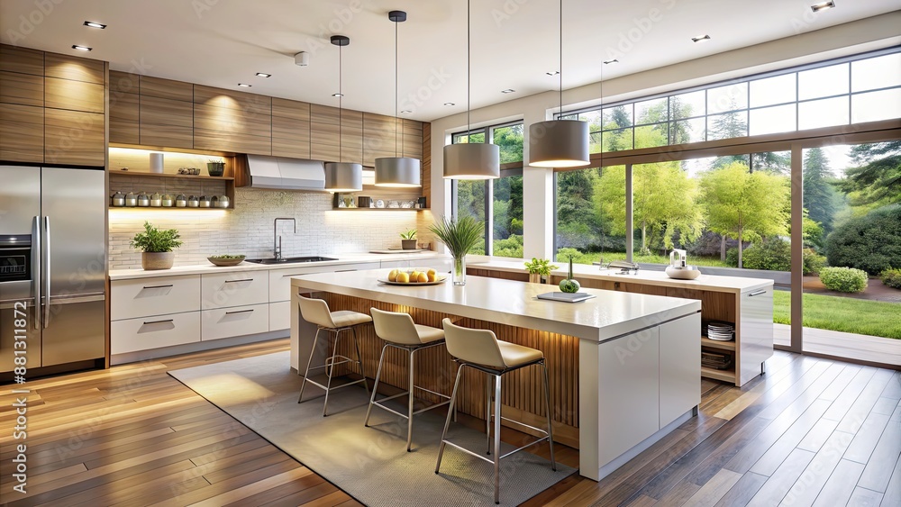Fototapeta premium Modern kitchen with sleek lines and abundant natural light , clean, minimalist, contemporary, interior design, bright