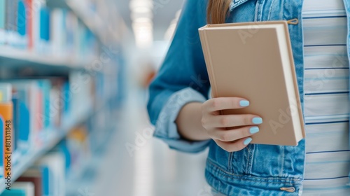 A woman is holding a book in a library
