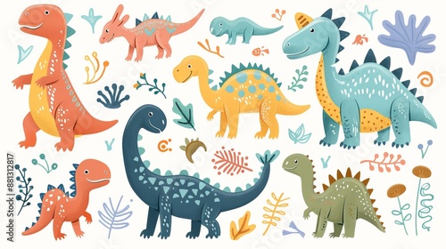 This illustration features a group of cute, cartoon-style dinosaurs surrounded by various plants and leaves, presenting a whimsical and fun prehistoric scene.