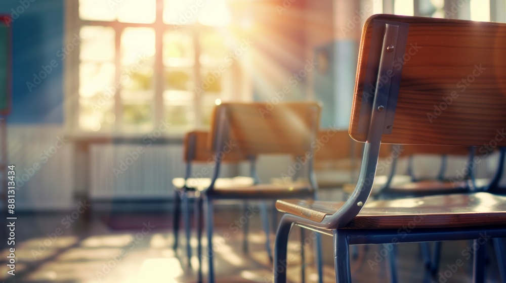 A classroom with a wooden chair in the middle of the room A classroom with a wooden chair in the middle of the room