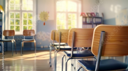 A classroom with wooden chairs and a window