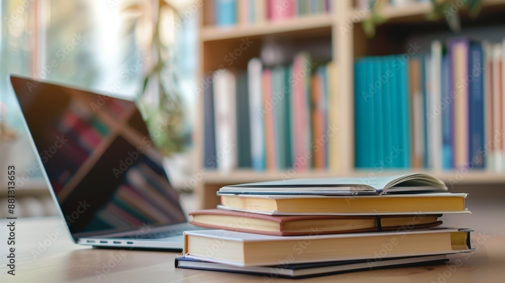 A stack of books and a laptop on a table A stack of books and a laptop on a table