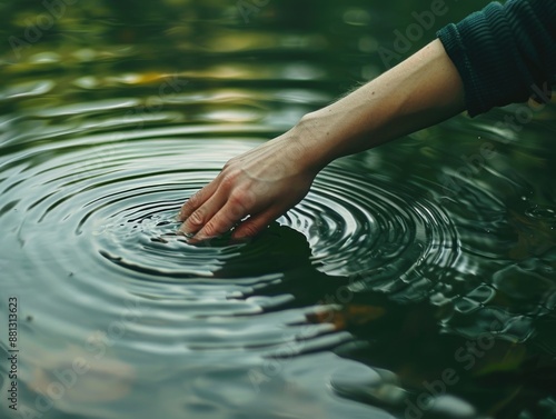 A person's hand makes contact with the water surface, providing a serene and peaceful atmosphere photo